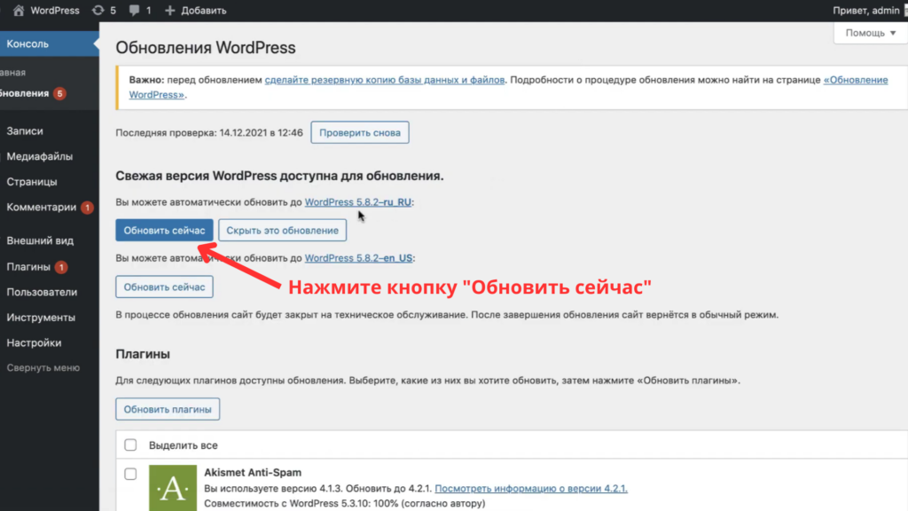 Установка обновлений WordPress